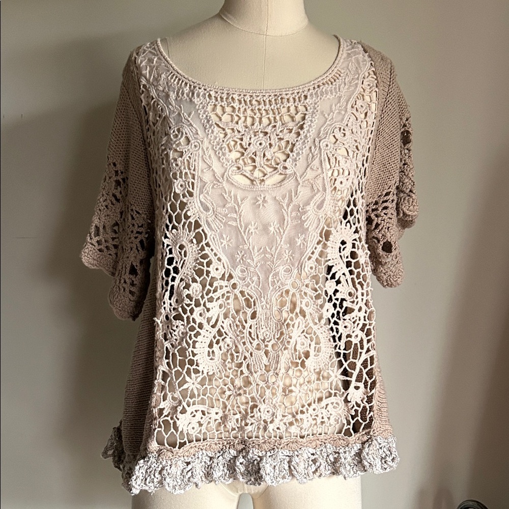 Free People Beige Crochet Lace Blouse